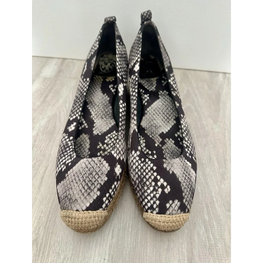 Tory Burch Womens 8.5 Heather Snake Print Wedge Espadrille Black Grey